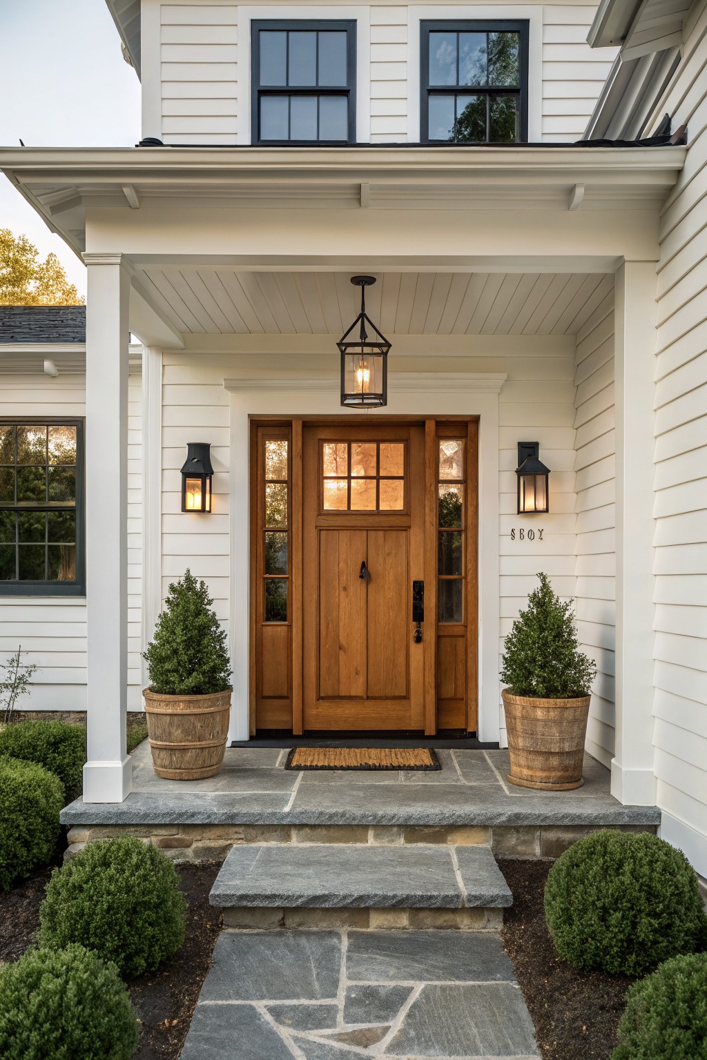 Front view of a white farmhouse porch with a central natural wood door, black lanterns on either side, and two wooden planters on a stone step.