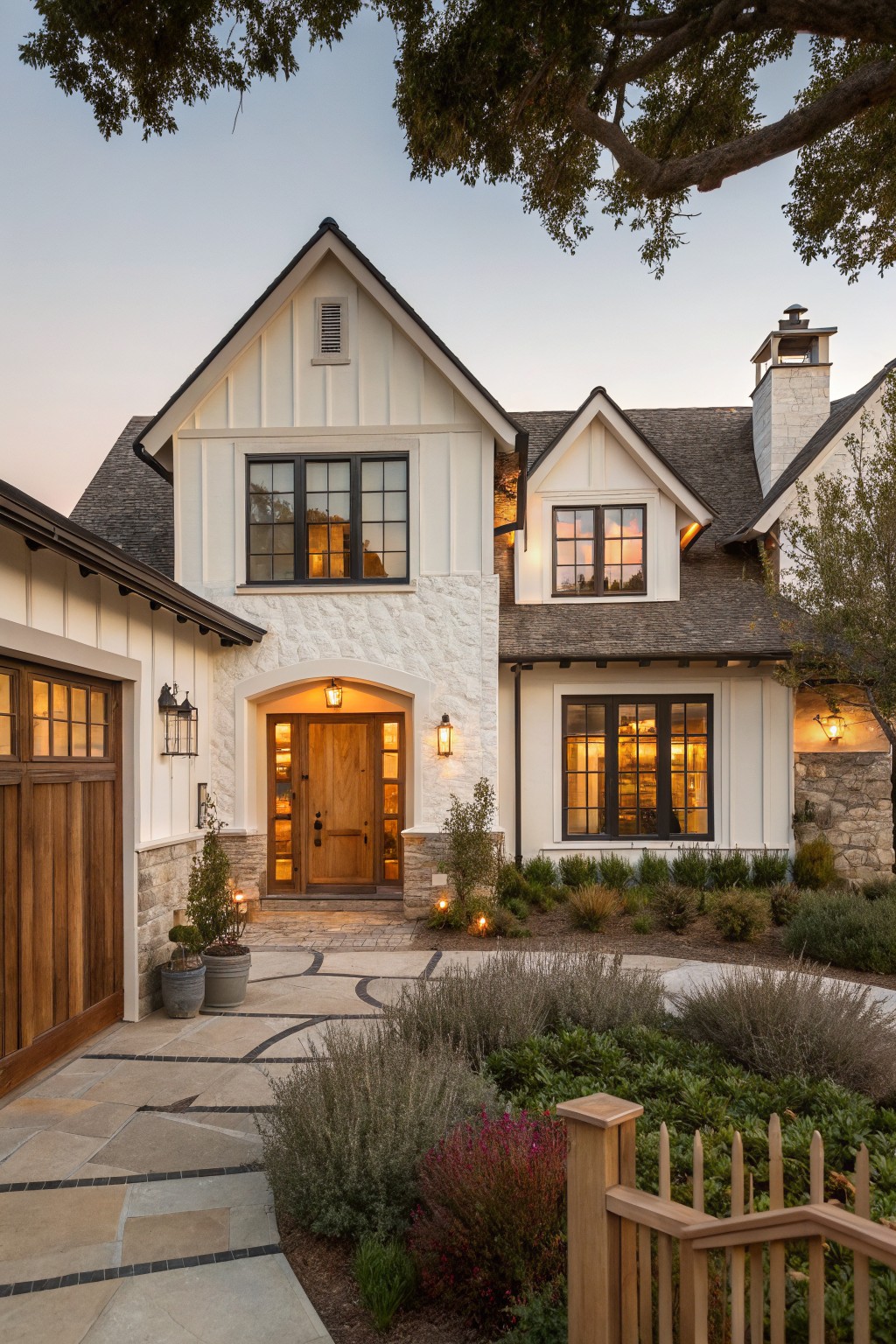 Two-story white house with stone accents, wooden door, and glowing windows at dusk