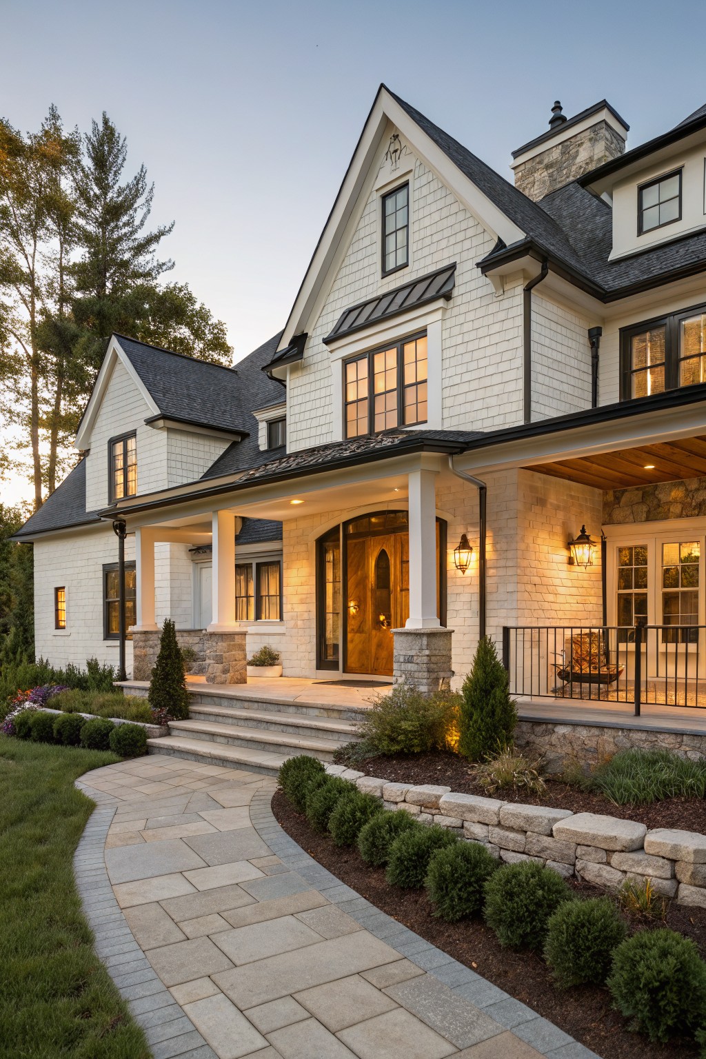A white shingled farmhouse with a large wooden front door, stone foundation, and covered porch with white columns.