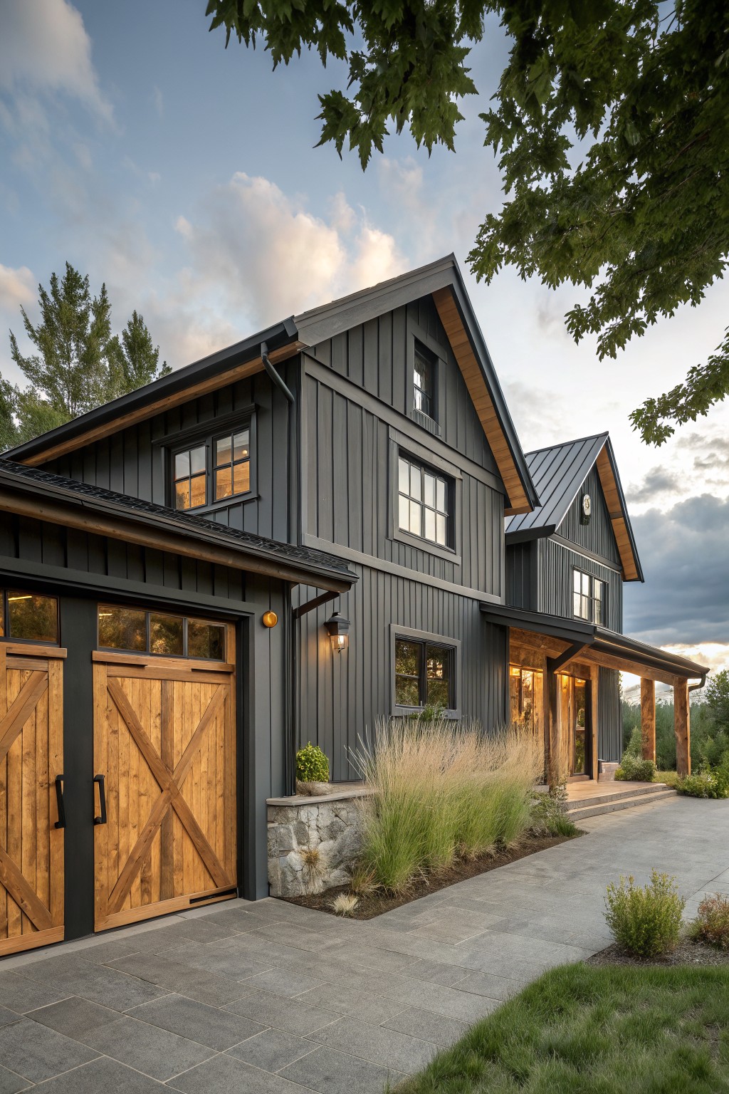 A dark gray farmhouse exterior with large wooden garage doors, multiple windows, a covered porch, and stone landscaping along the driveway.