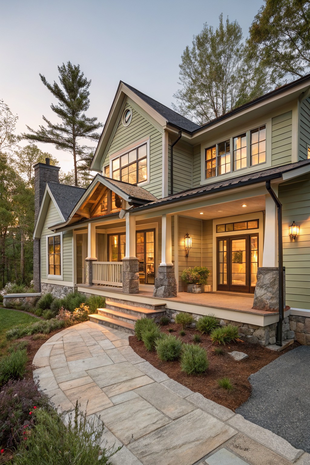 A two-story farmhouse exterior with light green siding, stone foundation, white trim, and a front porch with a natural wood ceiling supported by white columns and stone pillars.