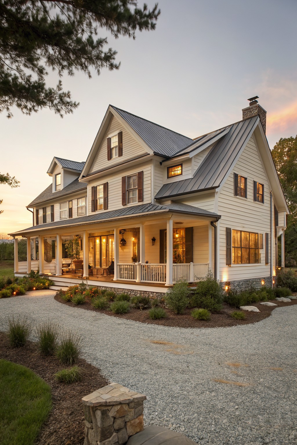 Two-story white farmhouse with wraparound porch and glowing windows at dusk