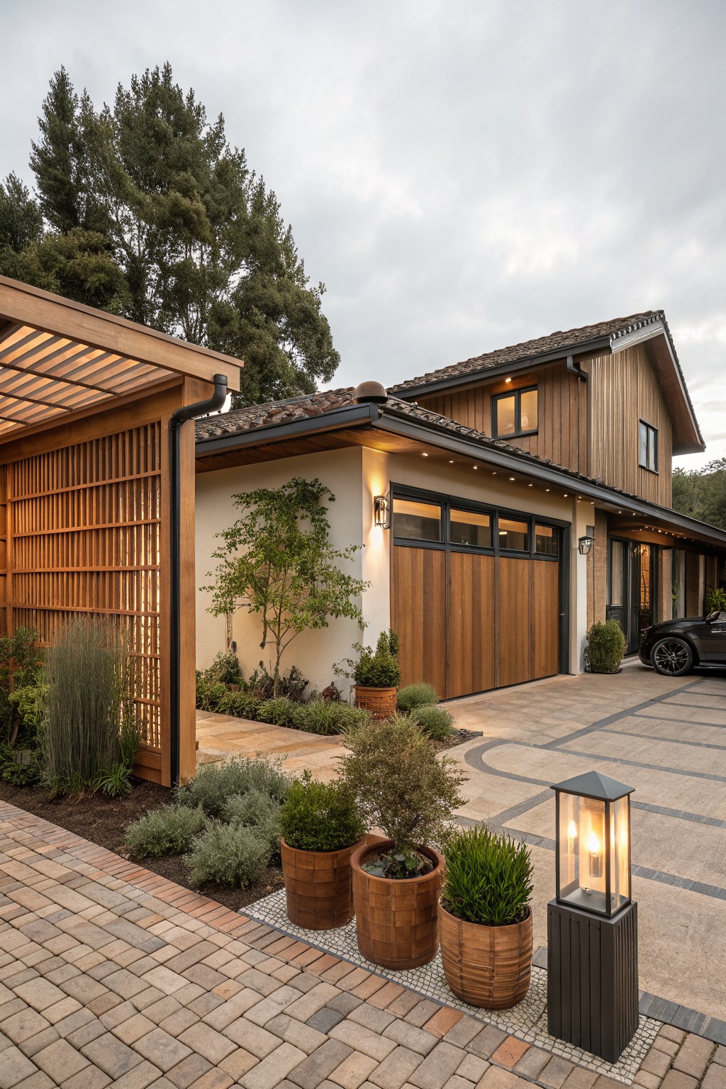 A modern farmhouse exterior featuring vertical natural wood siding on the upper level, wood garage doors, and a paved driveway with potted plants.