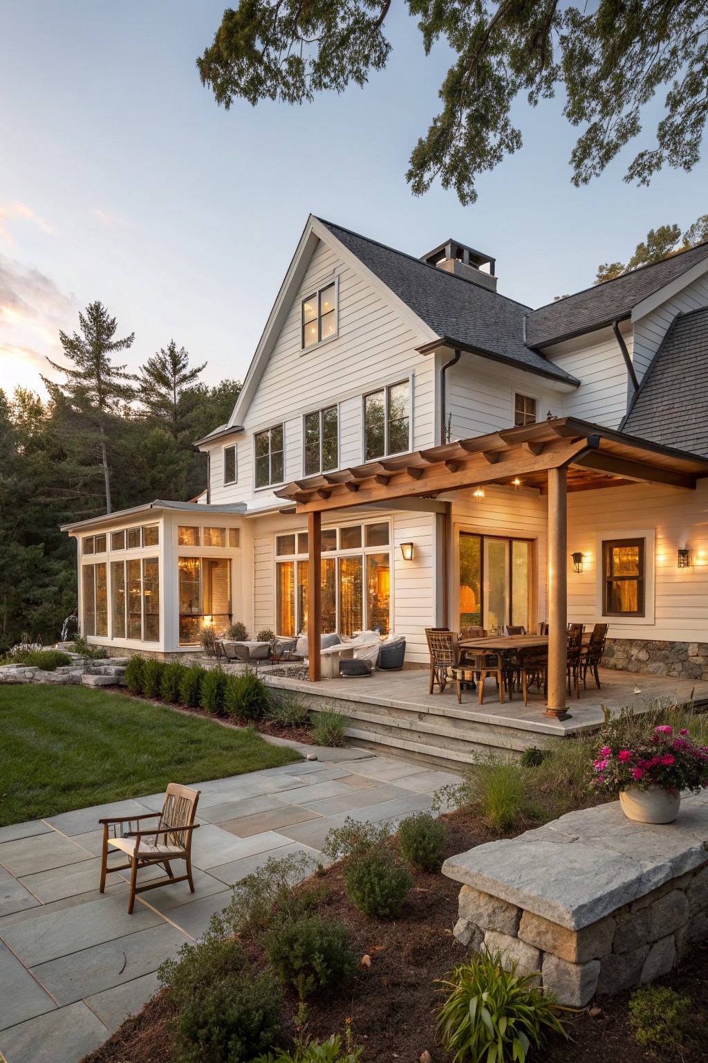 A white farmhouse exterior with a wooden pergola extending over a stone patio that includes a dining table and chairs.