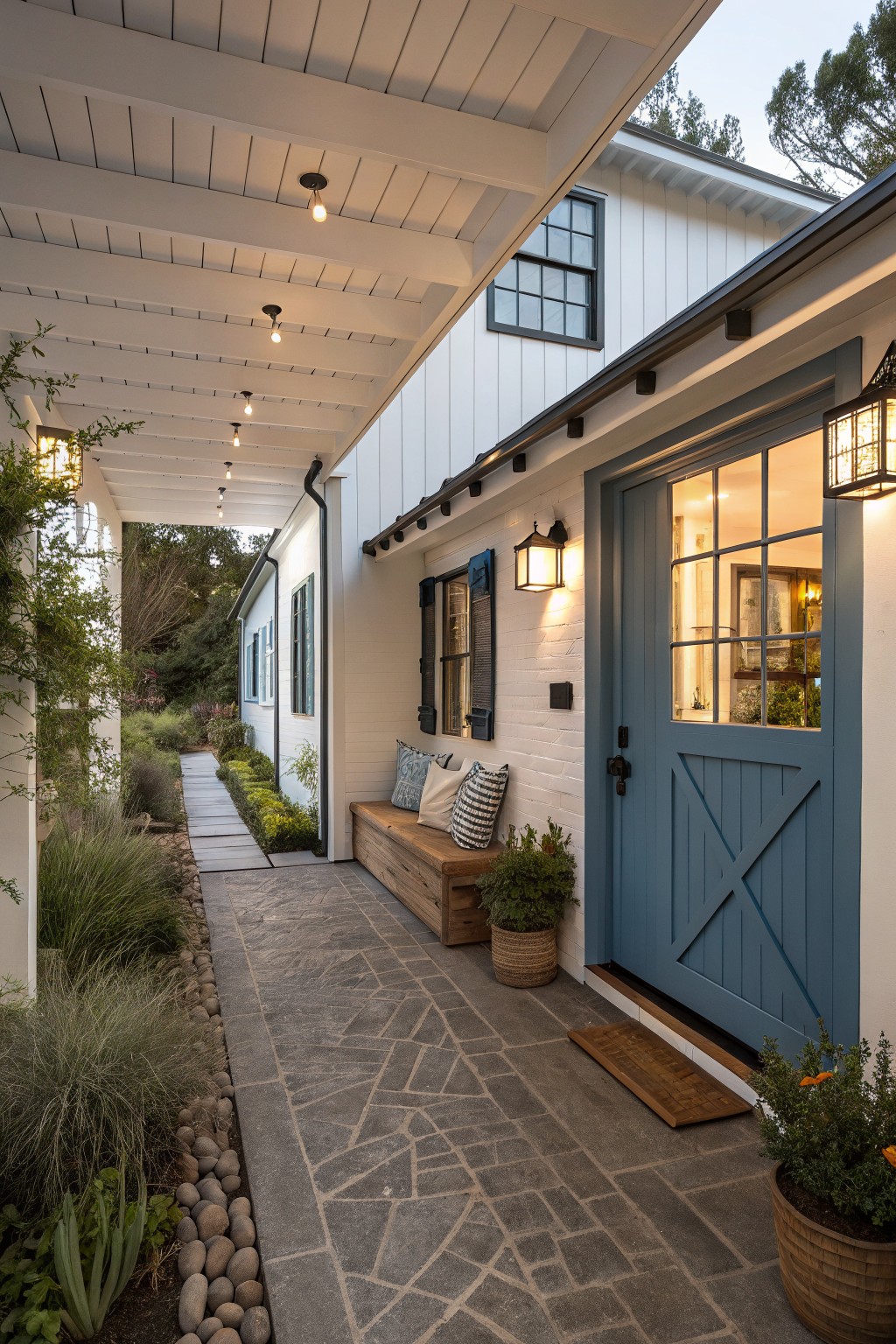 A blue door on a white farmhouse with a wooden bench holding pillows along the covered porch next to a stone path.