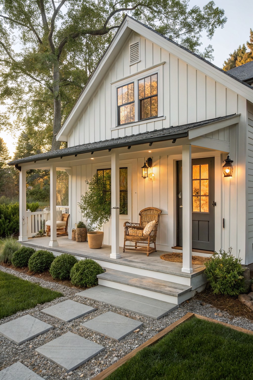 A small white farmhouse exterior with a gabled roof, covered front porch supported by white columns, dark gray door, and a stone pathway in front.