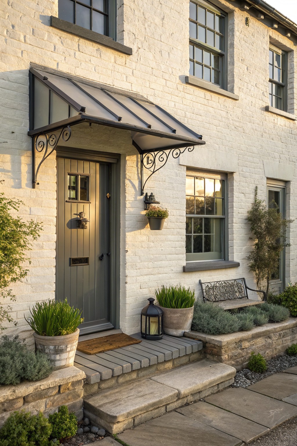 A white brick house exterior with a gray door beneath a dark metal awning, stone steps, potted plants, and a bench nearby.