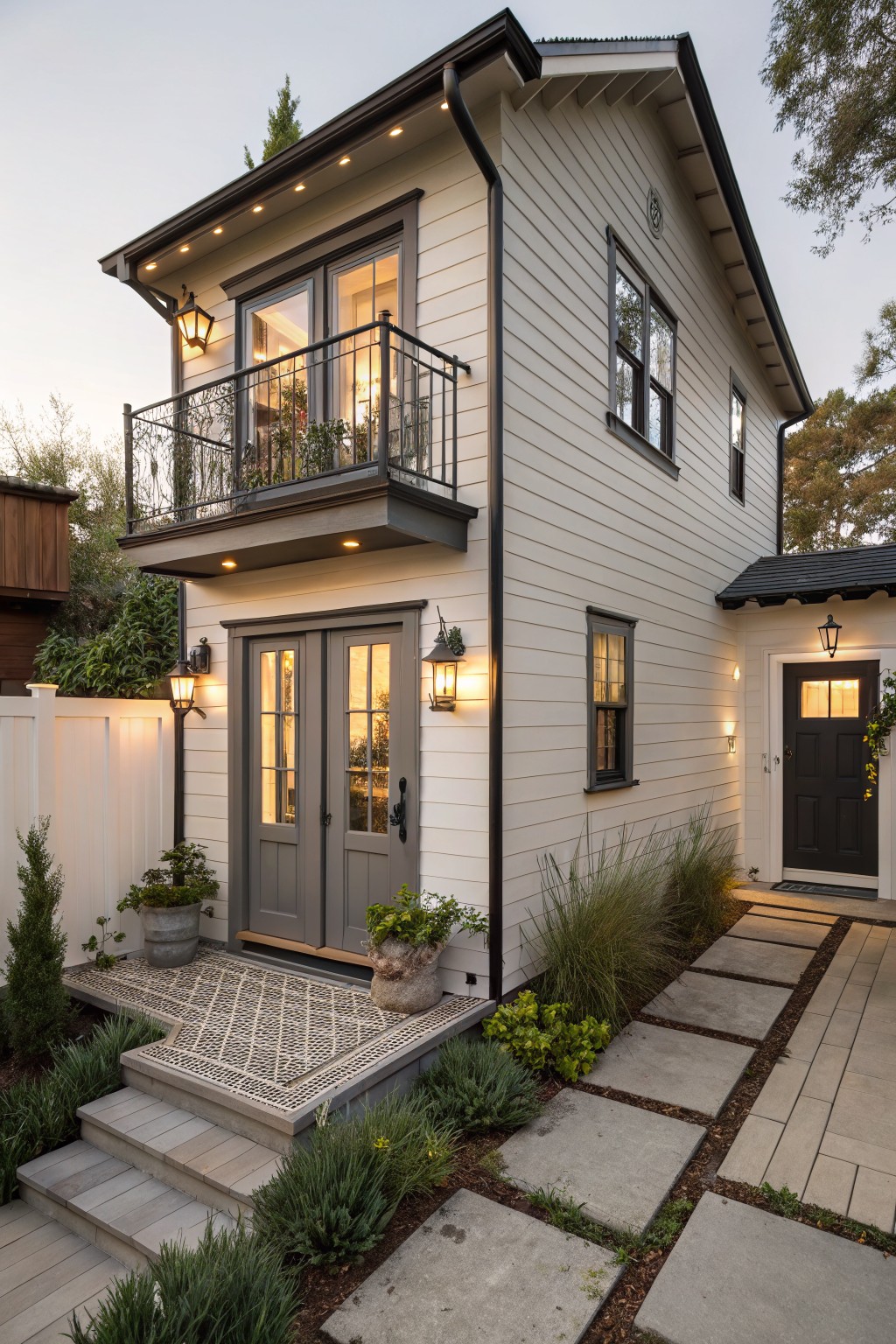 A compact two-story white farmhouse exterior with dark trim, a second-floor balcony above double front doors, and a stone pathway.