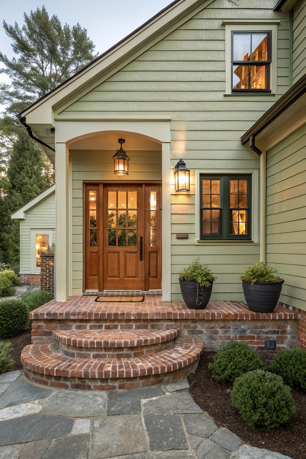 Front view of a light green house with an arched porch entry, wooden double doors, curved brick steps, and two large planters on the porch.
