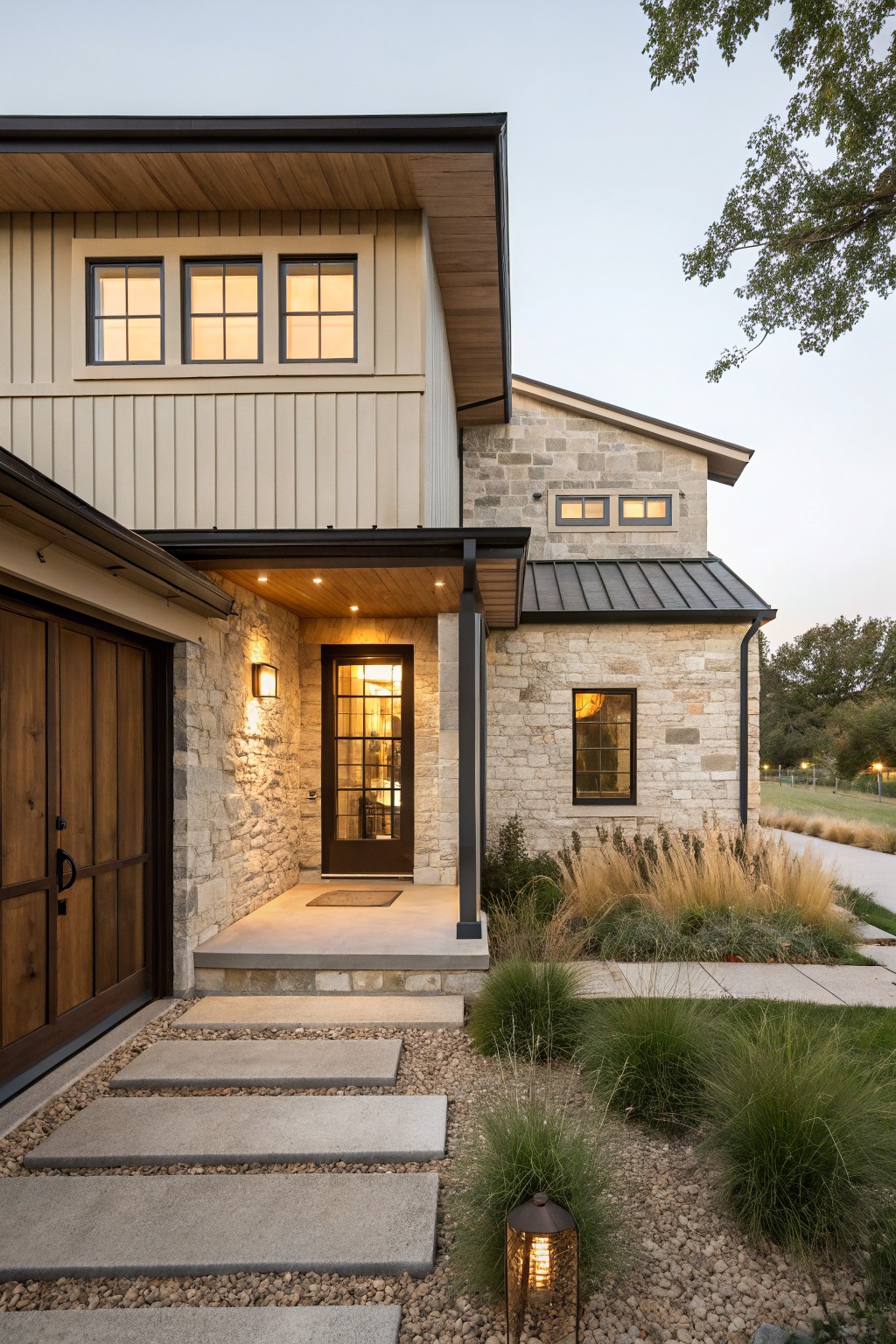 A compact farmhouse exterior with stone walls around the entry, vertical beige siding above, a dark front door under a covered porch, and concrete steps.