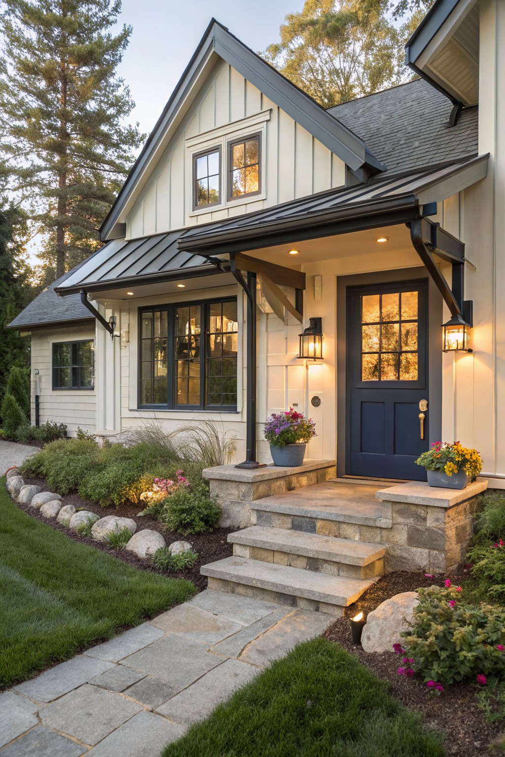 Front view of a small farmhouse exterior with light siding, a dark blue door under a metal overhang, stone steps, and garden beds along a stone path.