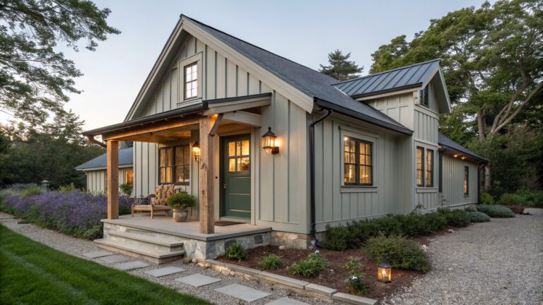 Front view of a compact two-story house with gray siding, a gabled wooden porch entry, and a green front door.