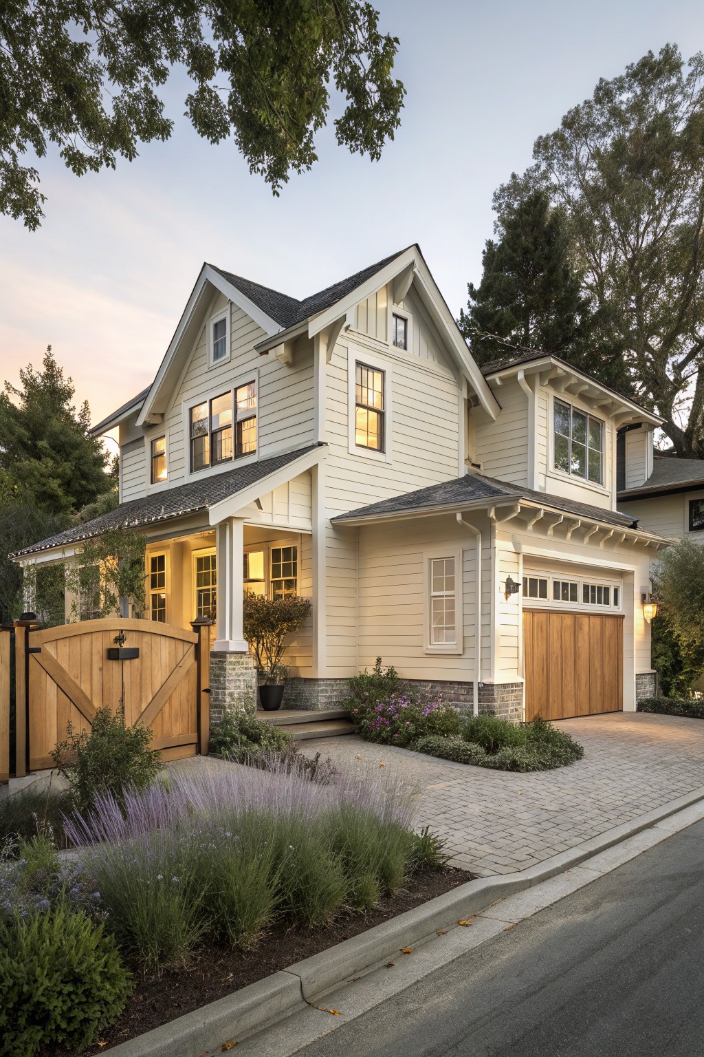 A two-story white farmhouse with a gabled porch, wooden garage door, and front landscaping including a wooden gate and brick driveway.