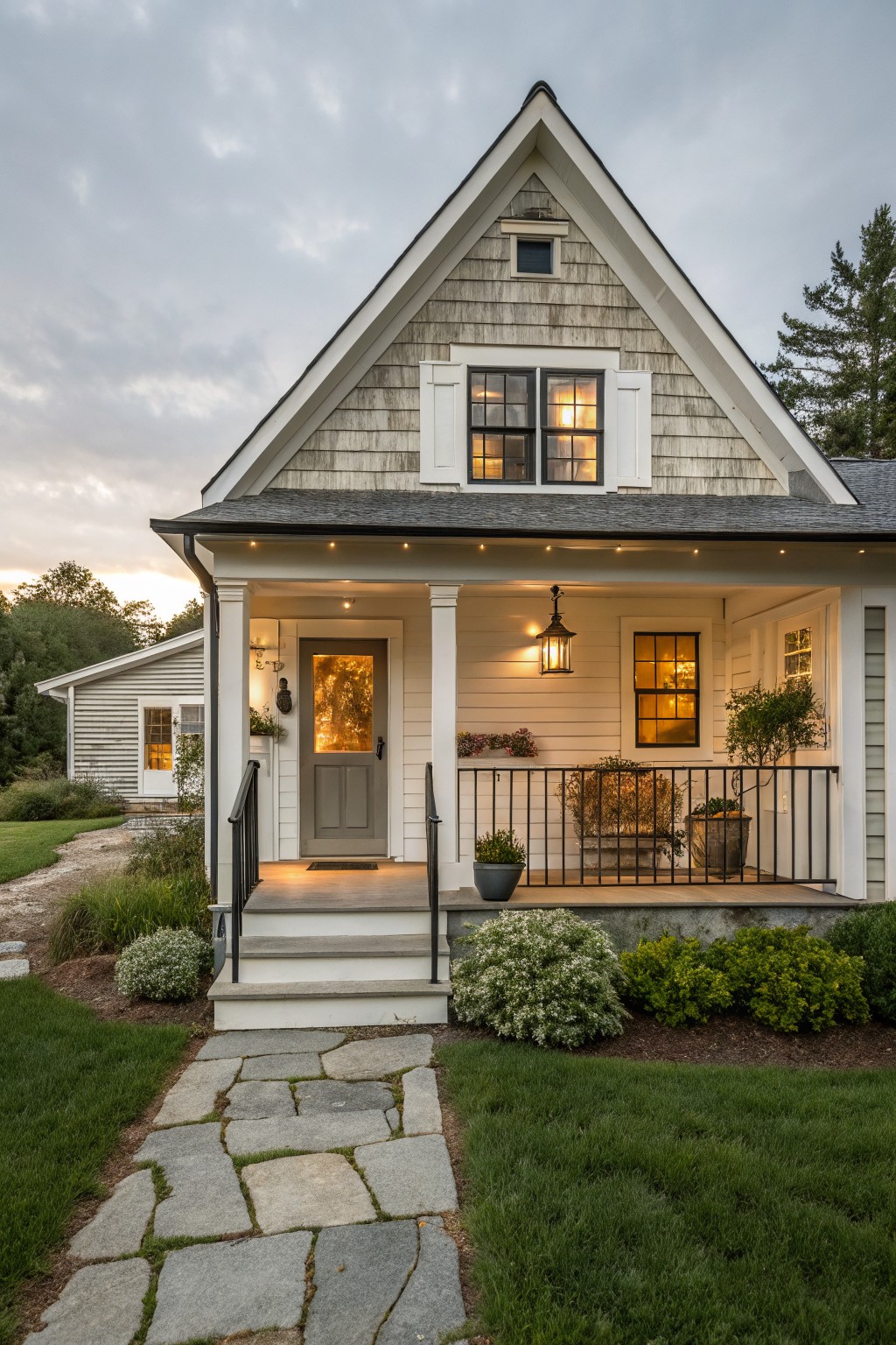 Front view of a small gray farmhouse with white trim, a steep gable, a covered porch with black railings, and a stone path leading to the steps.