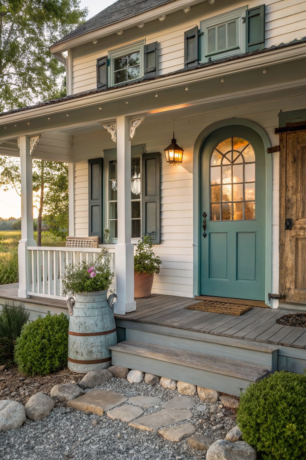 A white farmhouse exterior with a teal arched front door, green shutters, a hanging lantern, wooden porch, and gravel path with potted plants.