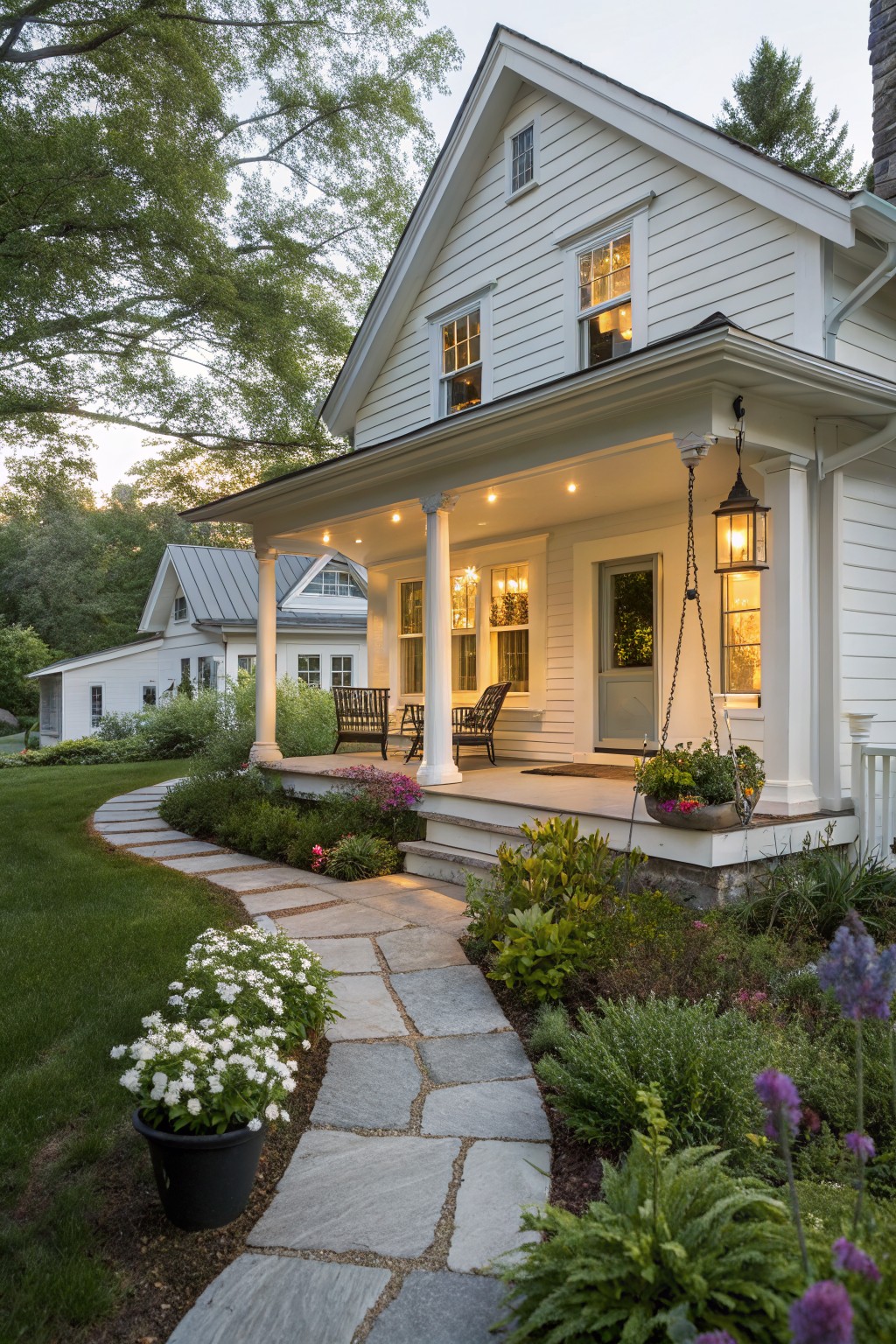 A white farmhouse exterior with a covered porch, glowing windows, hanging lantern, and a curved stone pathway leading through garden beds.