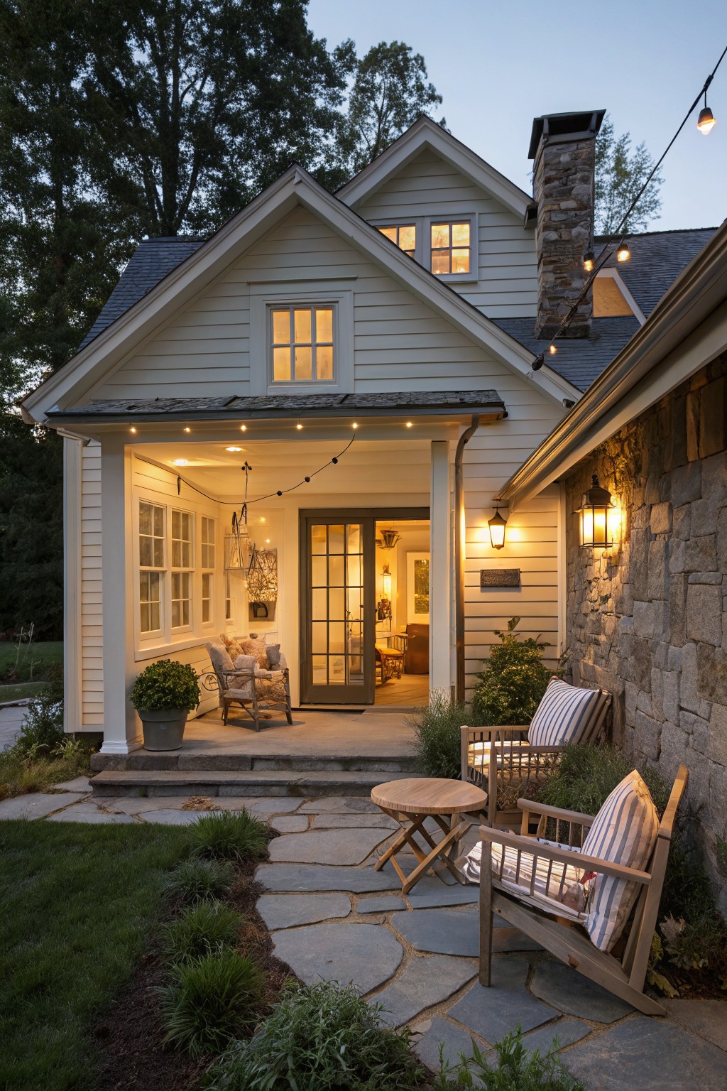 A small white farmhouse exterior at dusk with string lights along the porch eaves, a stone chimney, and wooden chairs on the stone patio.