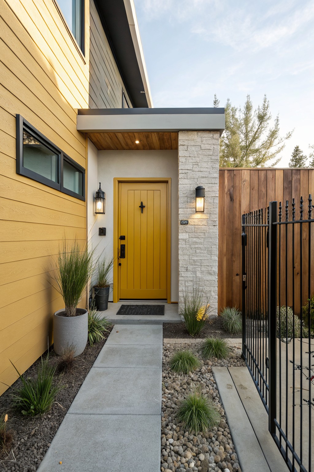 A modern house exterior with yellow wood siding, a bright yellow front door, stone accents, a concrete walkway, and landscaping with grasses and a black metal gate.