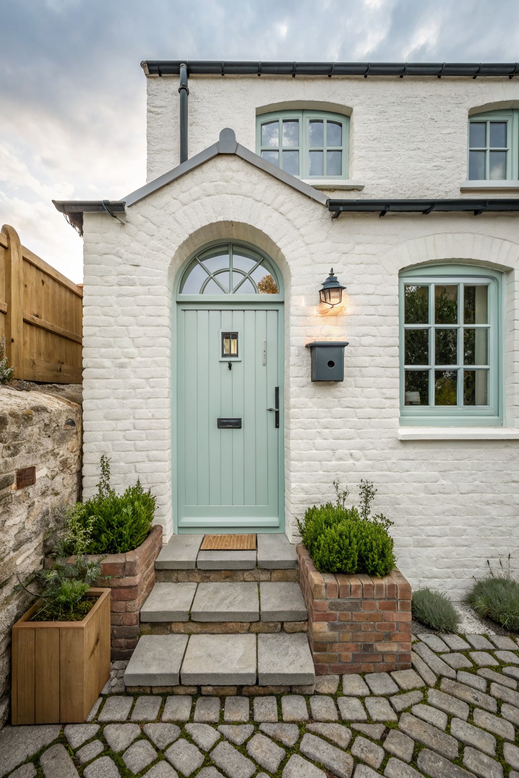White brick cottage with arched sage-green door, windows, and stone steps.