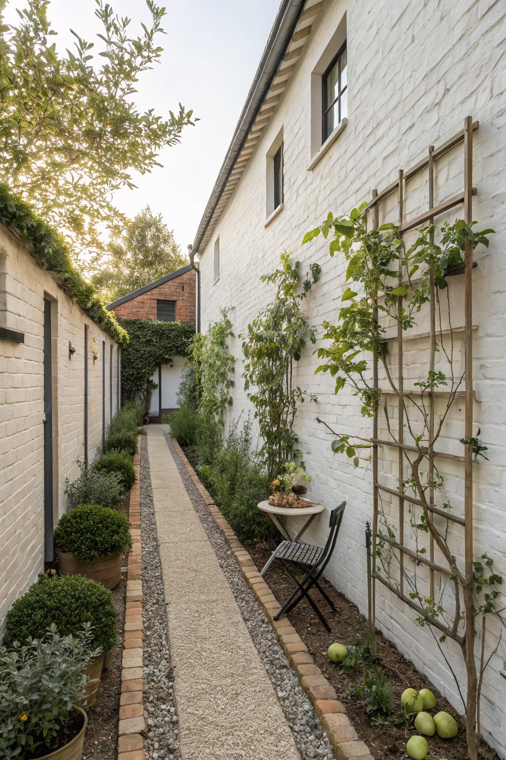 A narrow gravel path with brick edging runs beside a white brick house, featuring a tall wooden trellis with climbing plants on the right and potted shrubs along the left wall.
