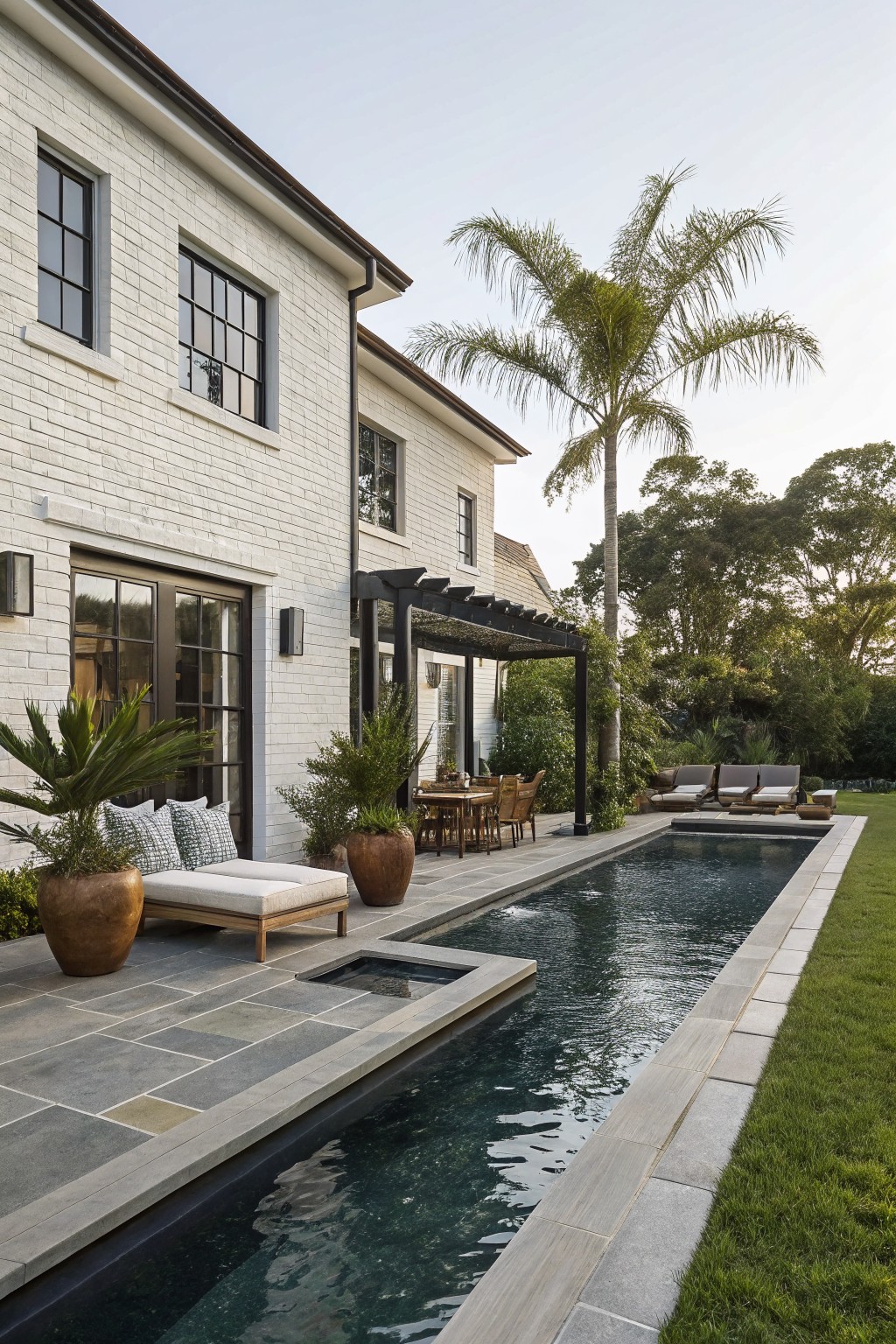A white brick house exterior with black-framed windows, a black pergola, and a long rectangular pool on a stone patio.
