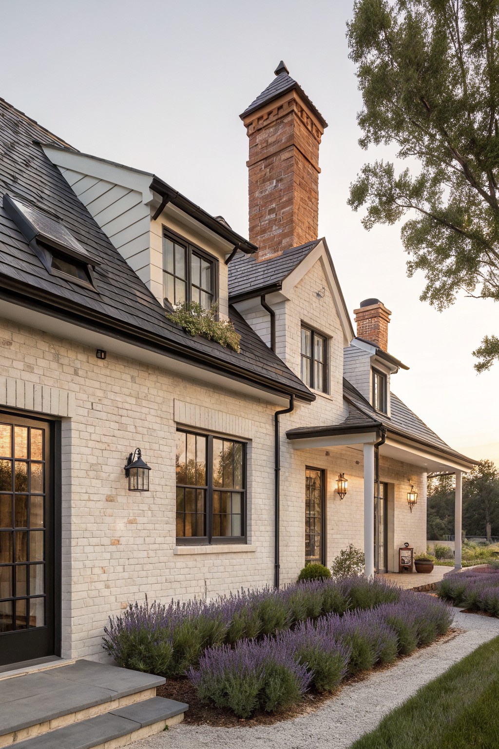 White brick farmhouse exterior featuring a tall brick chimney, dark roof, multiple windows, and front landscaping with lavender plants.
