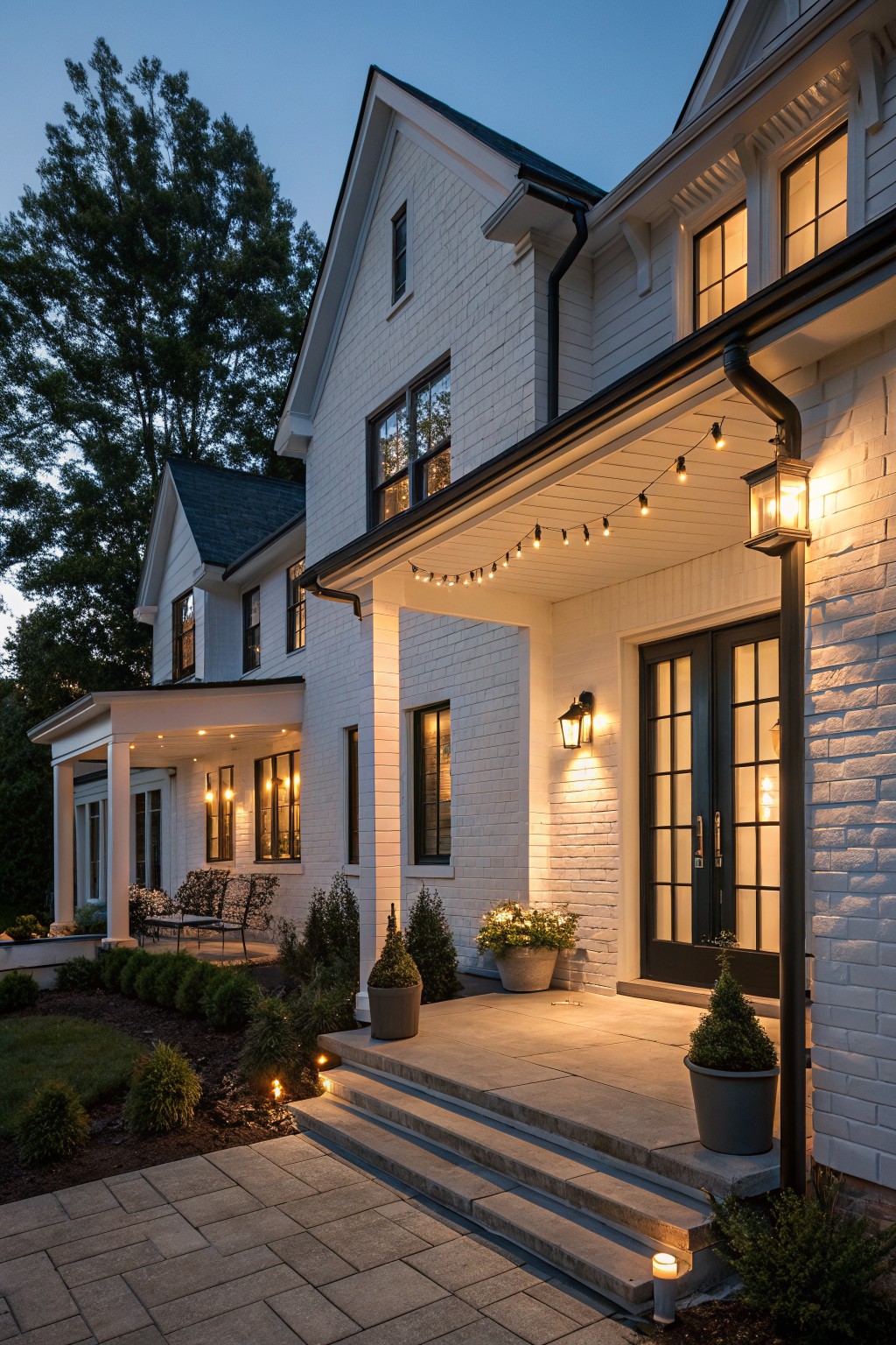 White two-story house at dusk with glowing string lights on porch and steps