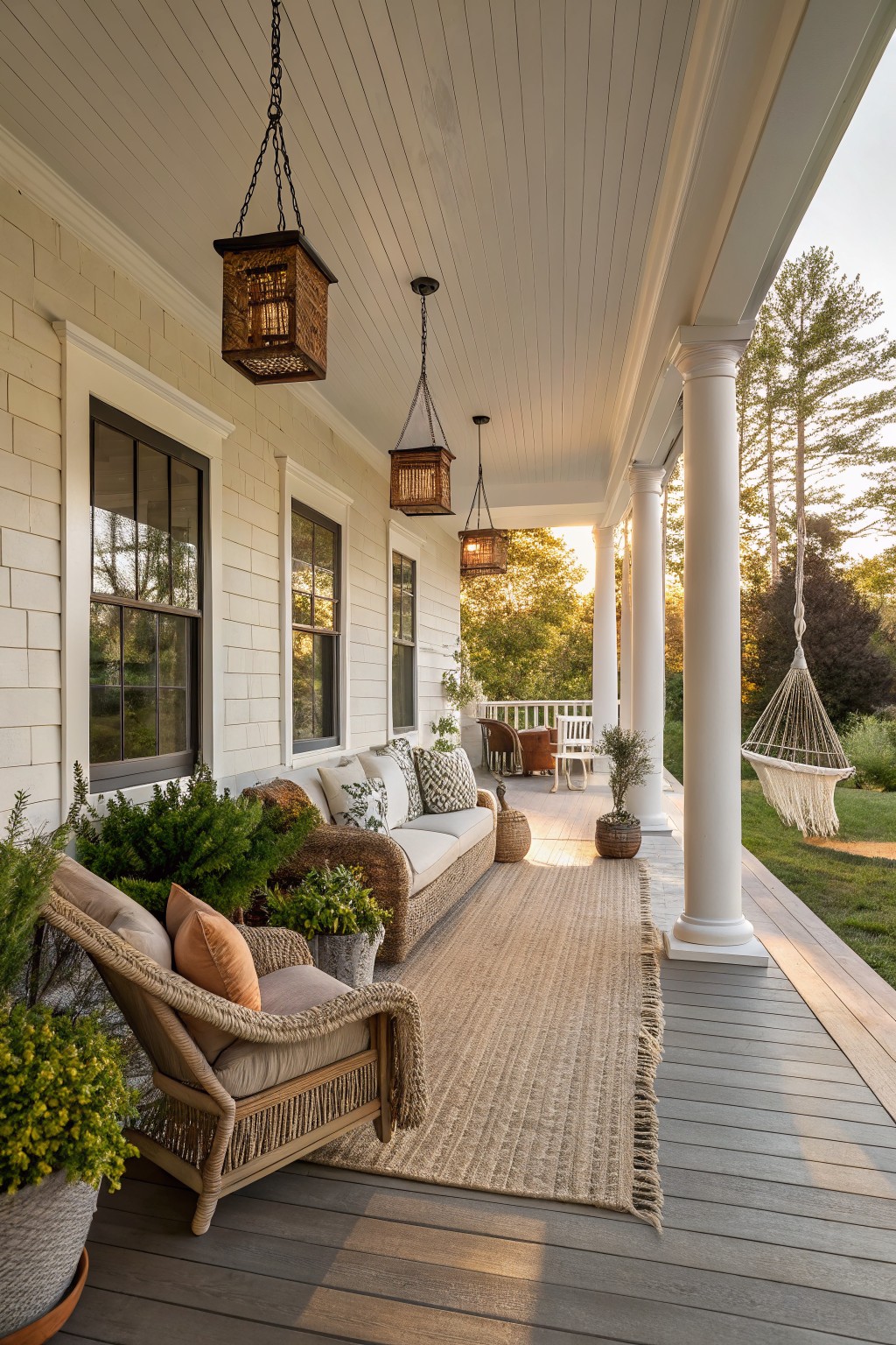 A long covered porch with white columns, wicker seating, a long jute runner rug, hanging lanterns, and a rope hammock on the right side.