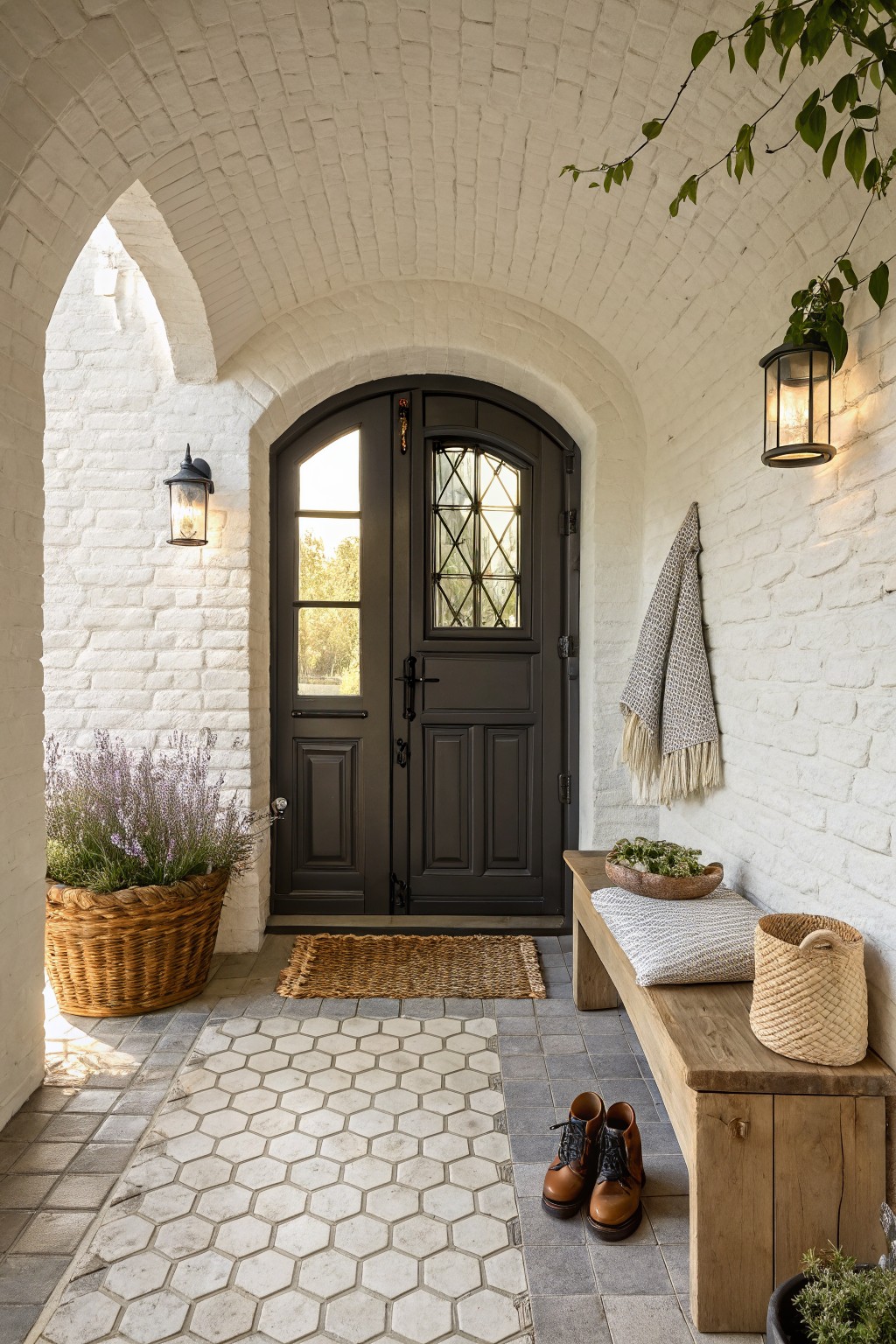 A white brick arched entryway with a dark double door, wooden bench, woven rug, and potted plants on a tiled porch.