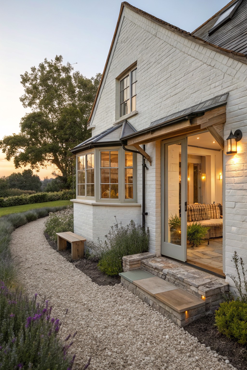 A white brick farmhouse exterior featuring a bay window, open French doors, stone steps, and a gravel path at dusk.