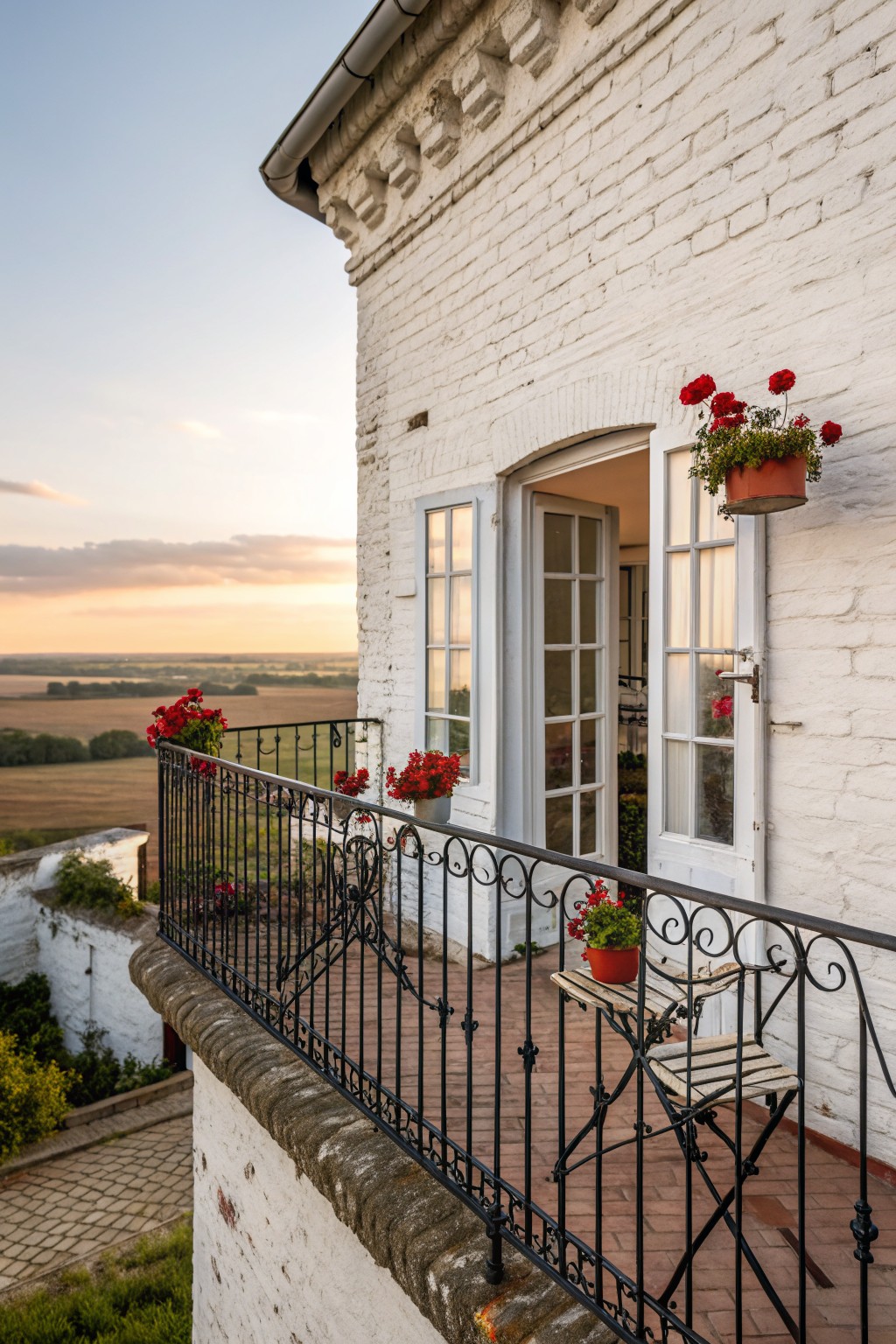 A white brick house exterior with open doors and windows, a black metal balcony railing, and potted red flowers on a brick terrace overlooking fields.