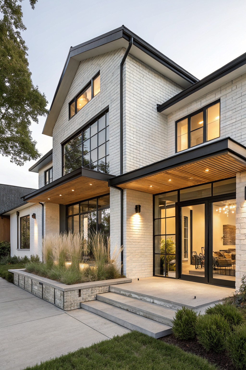 A two-story white brick house exterior with black-framed windows, a covered entry with wood ceiling, and concrete steps leading to the front.