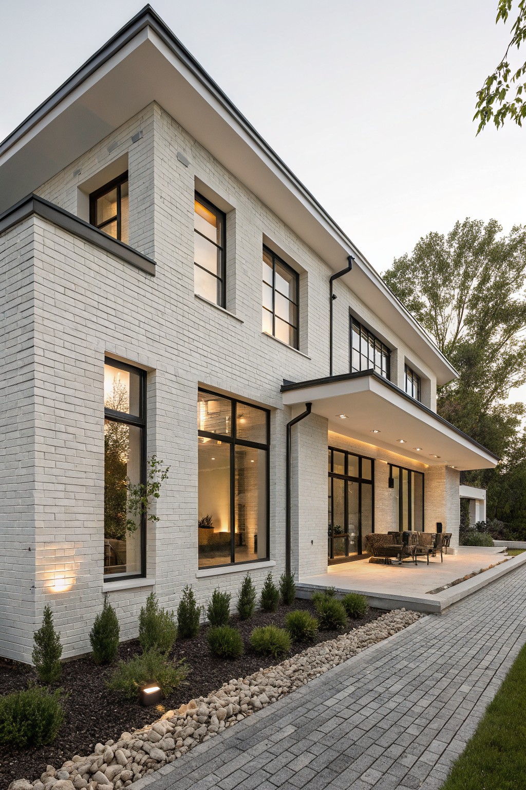 A white brick two-story house with black-framed windows, a covered patio area, and landscaping along a paved driveway.