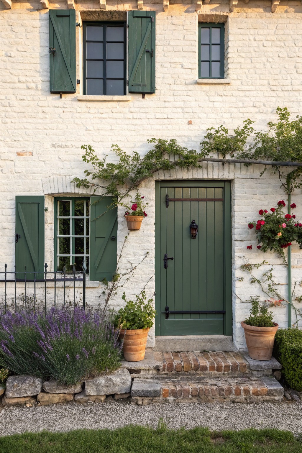 A white brick farmhouse exterior with green doors and shutters, climbing vines, potted plants, and a brick step entry.