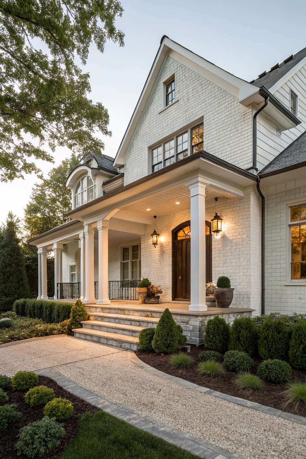 A white brick farmhouse exterior with a gabled roof, covered front porch supported by white columns, arched front door, stone steps, and landscaped shrubs along a gravel walkway.