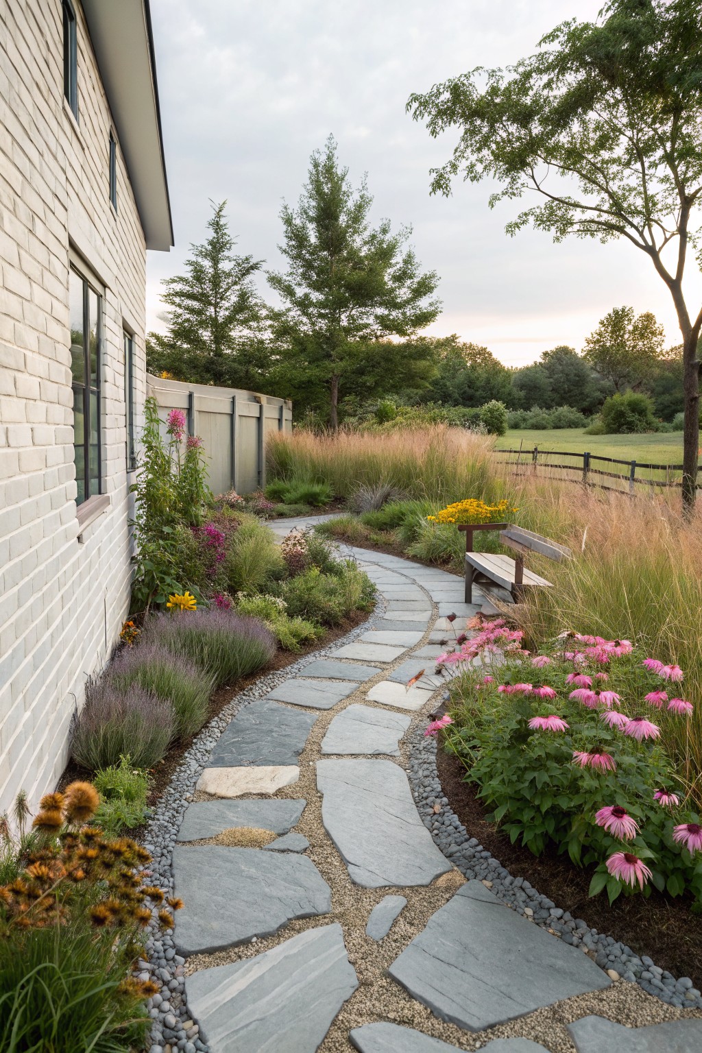 A white brick house exterior with a winding gray stone pathway bordered by gravel and colorful flower beds including pink coneflowers and yellow blooms, with a wooden bench along the path.