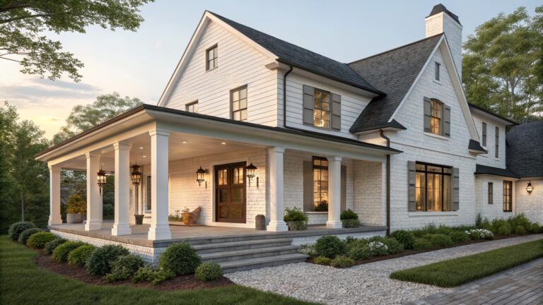 A white brick farmhouse exterior with a gabled roof, covered front porch supported by white columns, arched front door, stone steps, and landscaped shrubs along a gravel walkway.