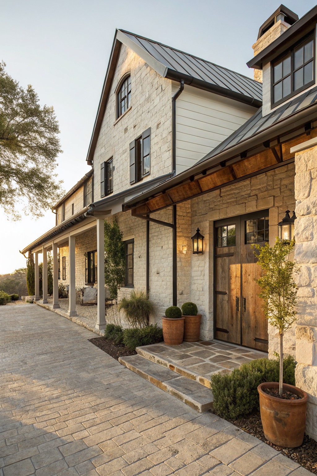 A white brick farmhouse exterior featuring stone accents around a wooden double door entry, a metal roof, and a paved driveway.