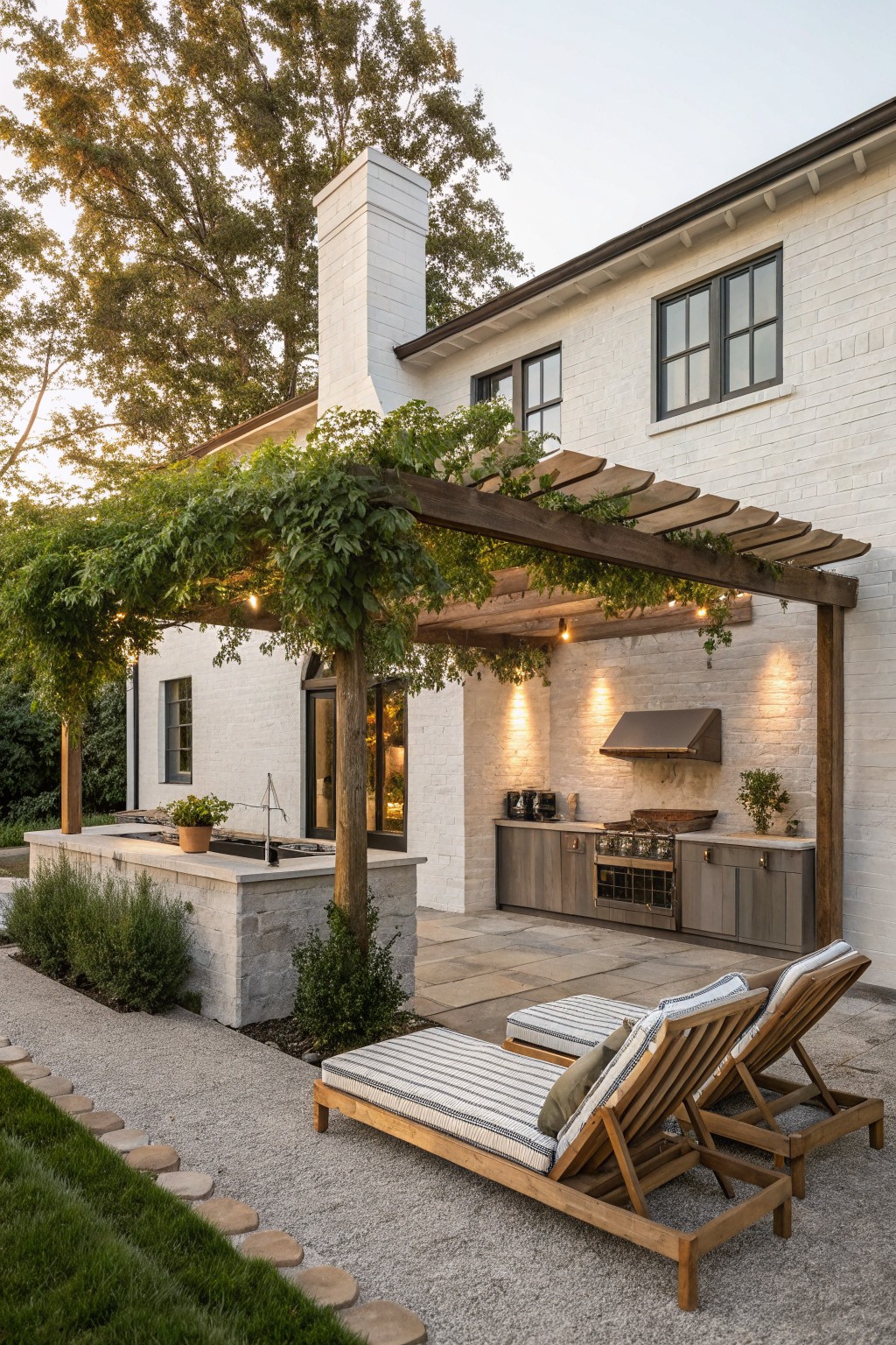 White brick house exterior with an outdoor kitchen beneath a wooden pergola draped in vines and string lights, plus two wooden lounge chairs on the stone patio.
