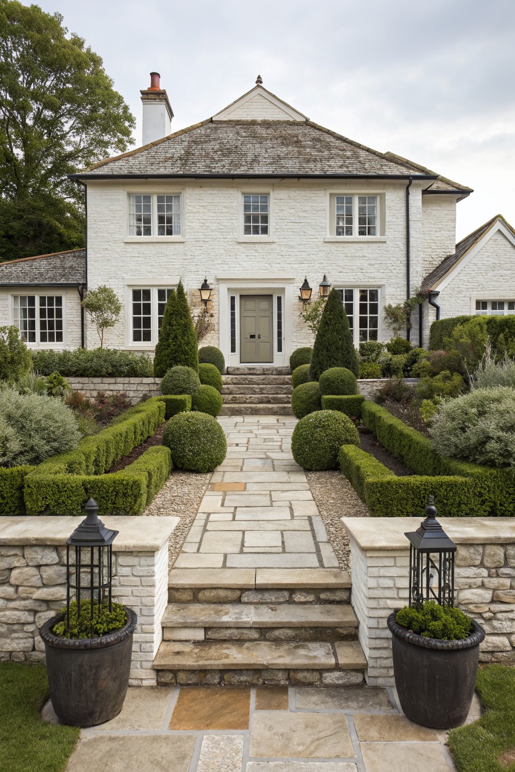 Elegant white stone house with formal garden, stone path, steps, and lanterns