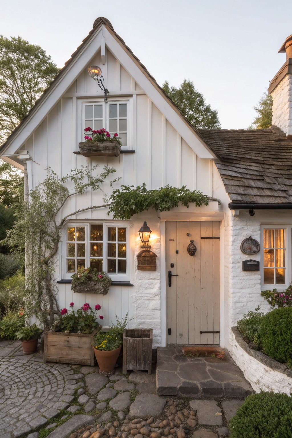 White cottage exterior with a light wood front door, black hardware, a wall lantern, and window boxes with flowers.