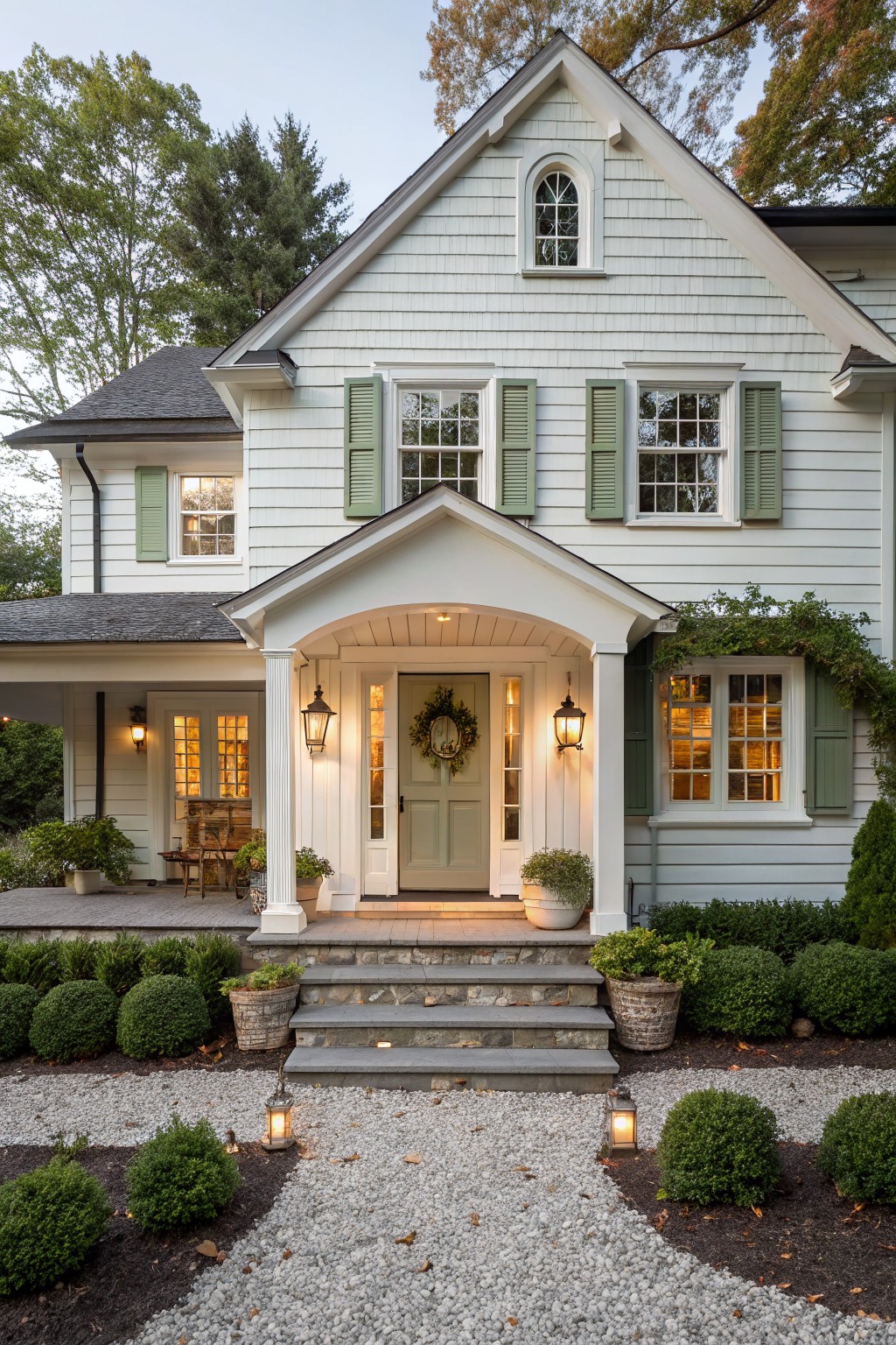 Front view of a white shingled house with green shutters, a light green door under a white gabled portico with columns, and stone steps leading from a gravel path.