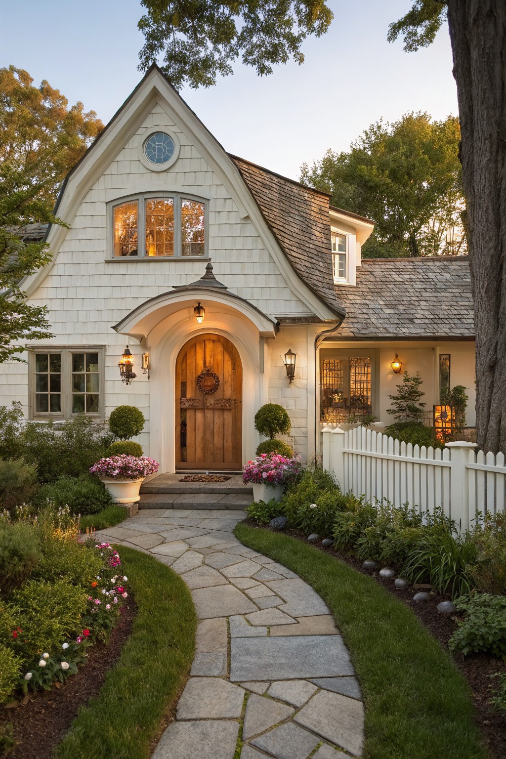 A white shingled house with an arched entry over a wooden front door, a stone path, and garden beds on either side.