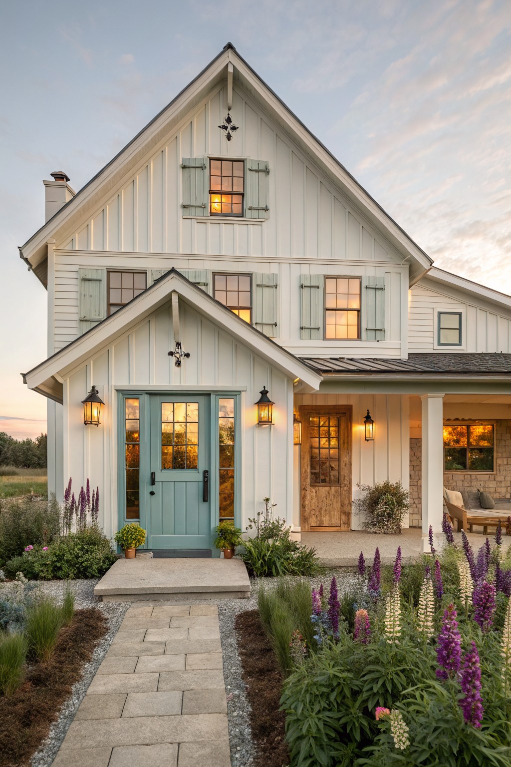 White farmhouse with teal door, stone path, and blooming purple garden.