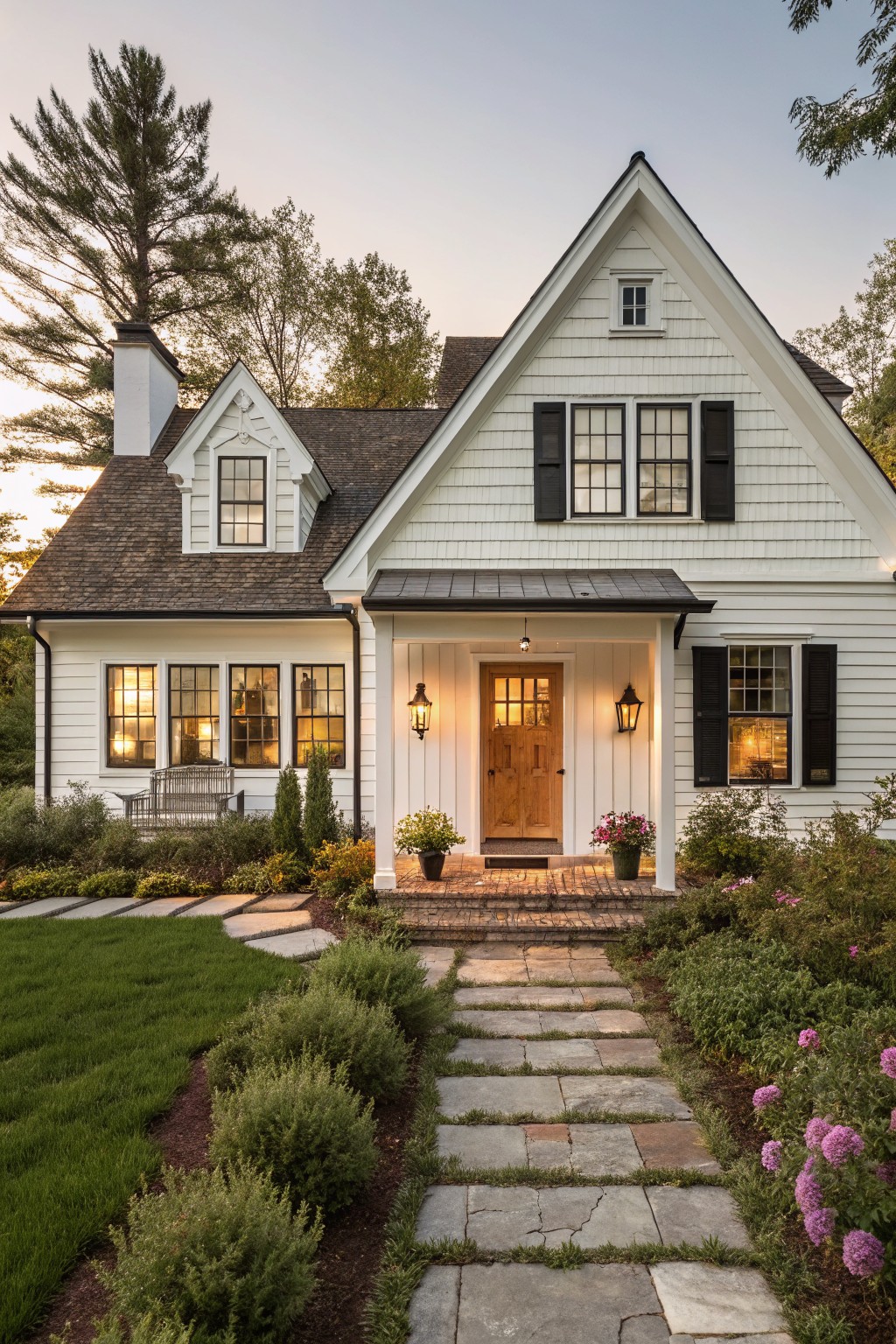 White cottage with black shutters, wooden door, lanterns, and stone garden path at dusk