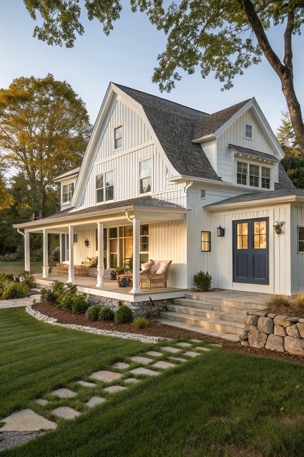 Front view of a white cottage farmhouse with vertical siding, a large gable roof, covered porch, and dark blue double doors at the main entry.