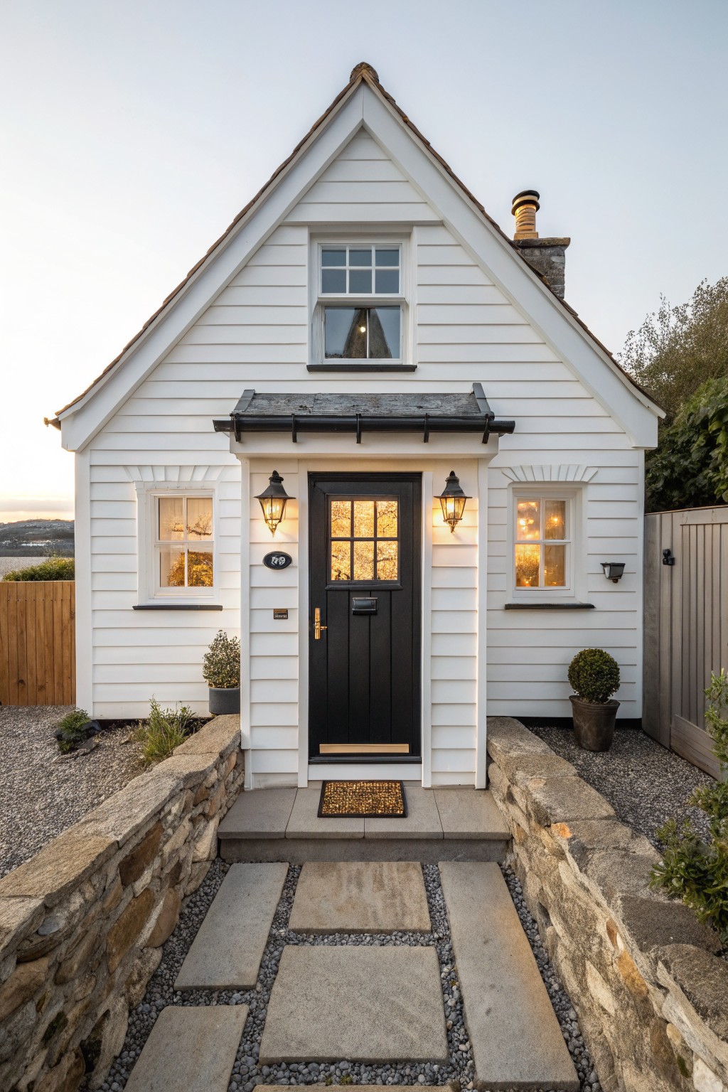 A white wood-sided cottage with a steep roof, black front door, two wall lanterns, and stone steps leading to the entrance.