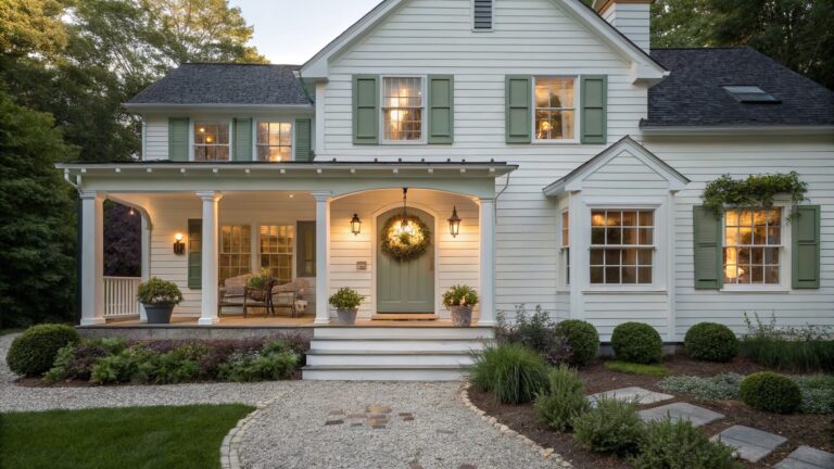 18 White Cottage Farmhouse Exterior Ideas for a Storybook Front View Front view of a white shingled house with green shutters, a light green door under a white gabled portico with columns, and stone steps leading from a gravel path.
