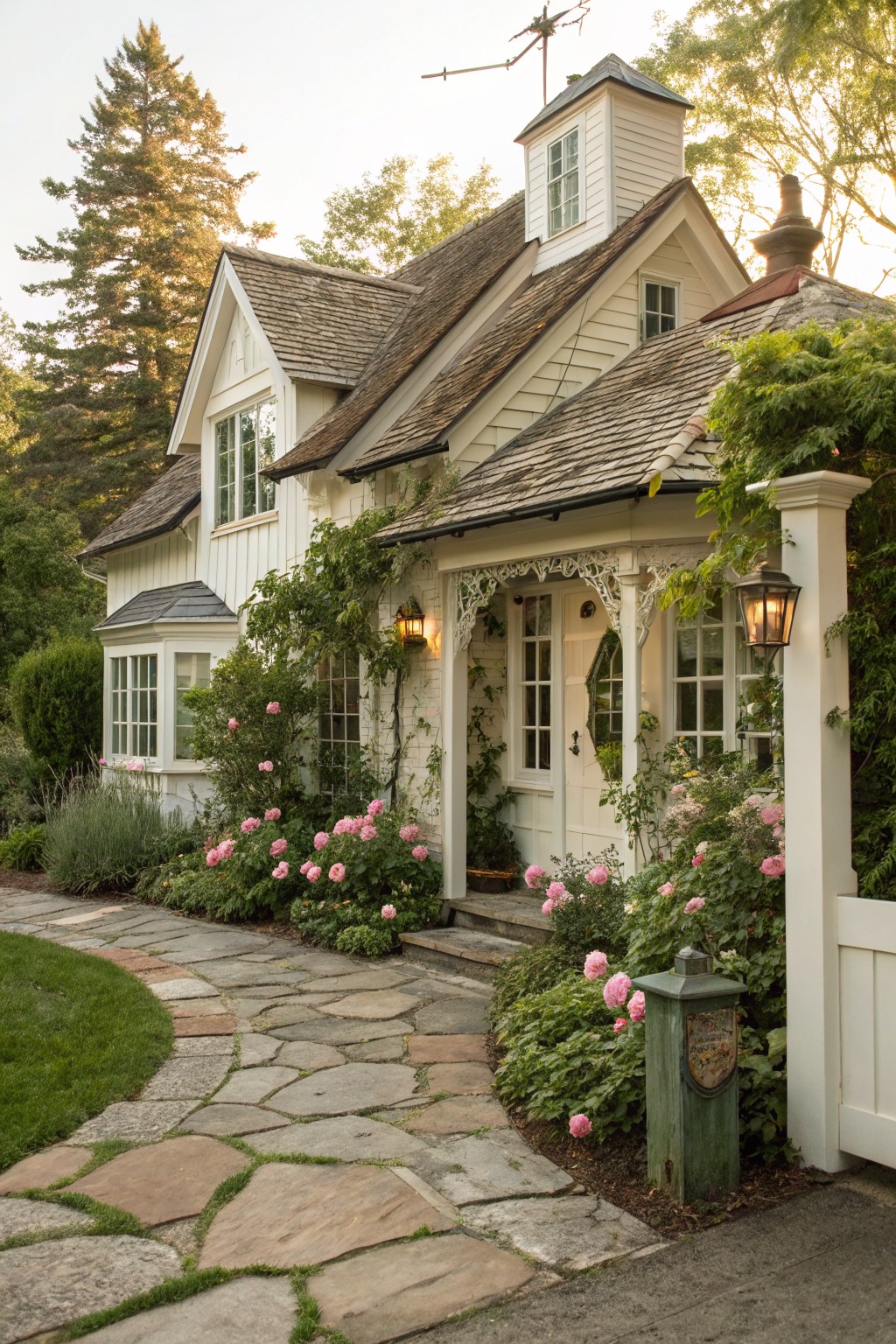 A white cottage farmhouse exterior with a curved stone pathway bordered by pink roses and climbing vines leading to a white front door.