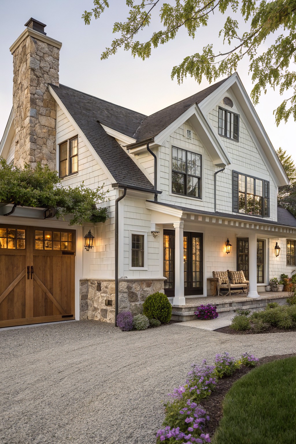 A white shingled cottage farmhouse with a large stone chimney, wooden garage doors, a covered front porch with white columns, and landscaping along a gravel driveway.